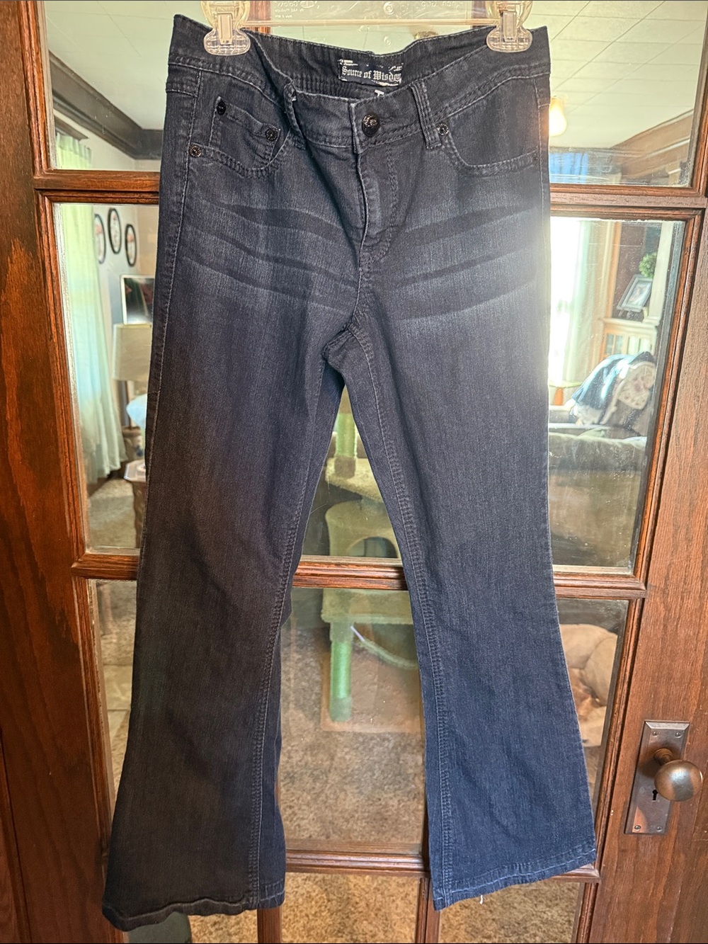 Source of Wisdom Womens Bootcut Jeans Size 12 Dark Wash Stretch Denim Y2K Indie